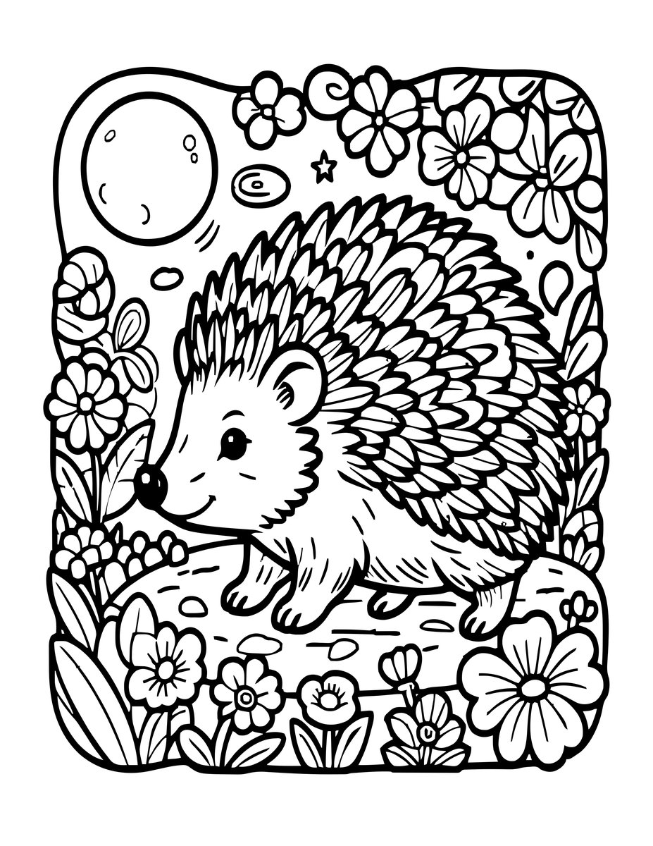 Hedgehog in Garden - free printable coloring page