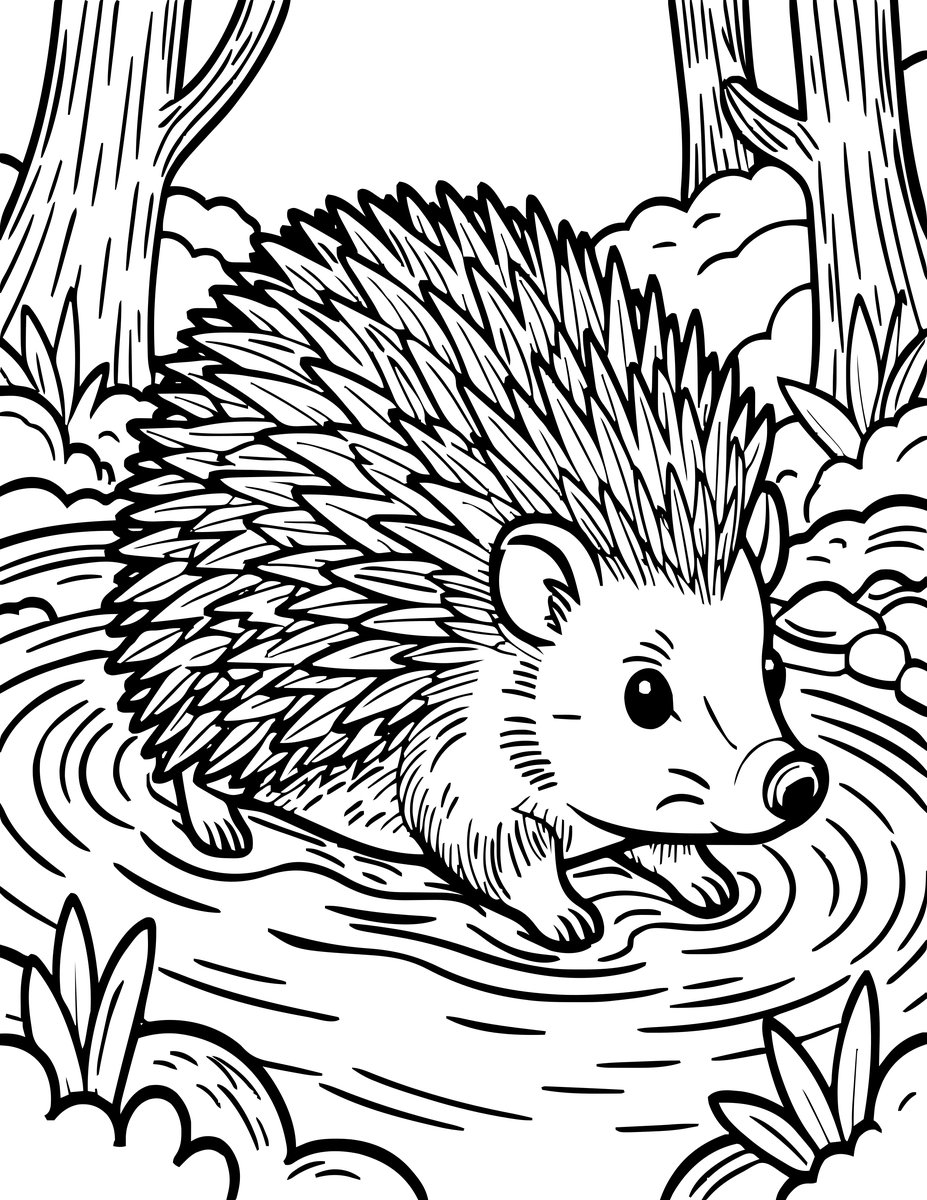 Swimming Hedgehog - free printable coloring page