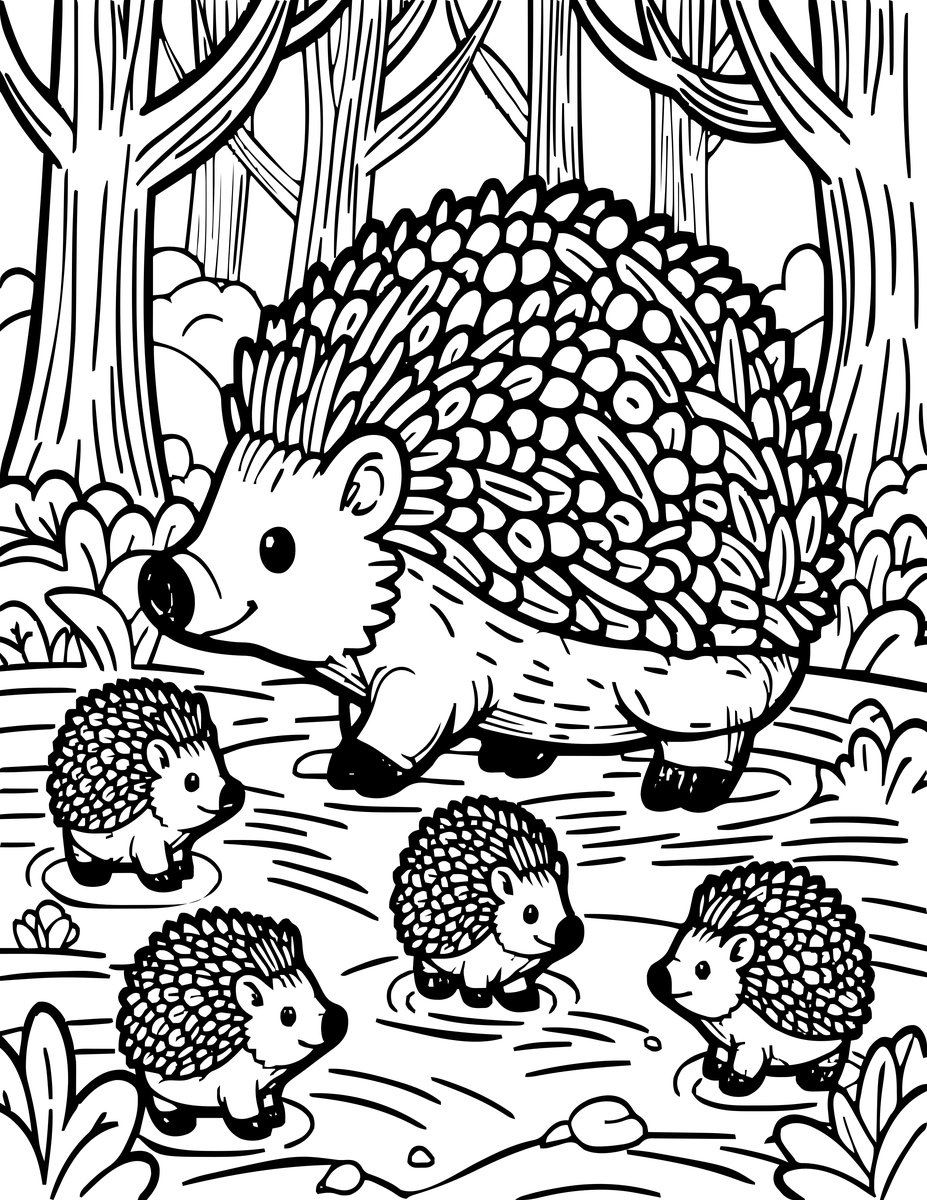 Hedgehog Family - free printable coloring page