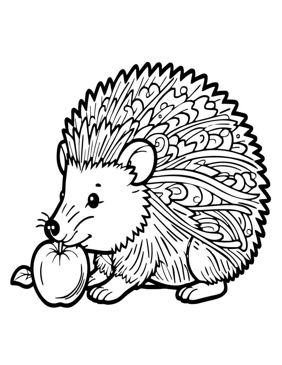 Hedgehog and Apple - free printable coloring page