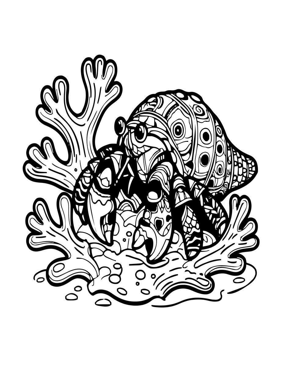 Hermit Crab and Coral - free printable coloring page