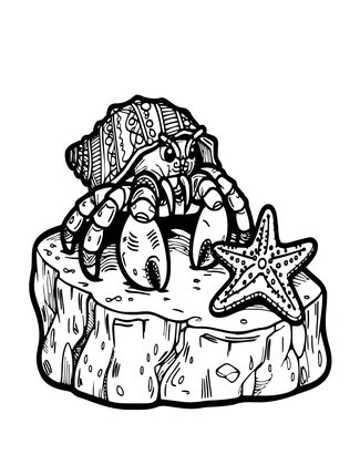 Hermit Crab and Starfish - Free printable coloring page