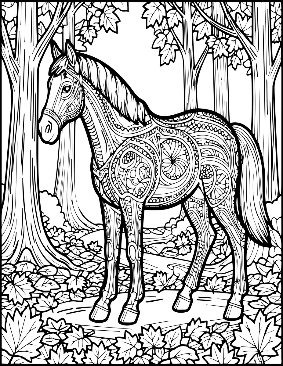 Horse and Autumn Leaves - free printable coloring page