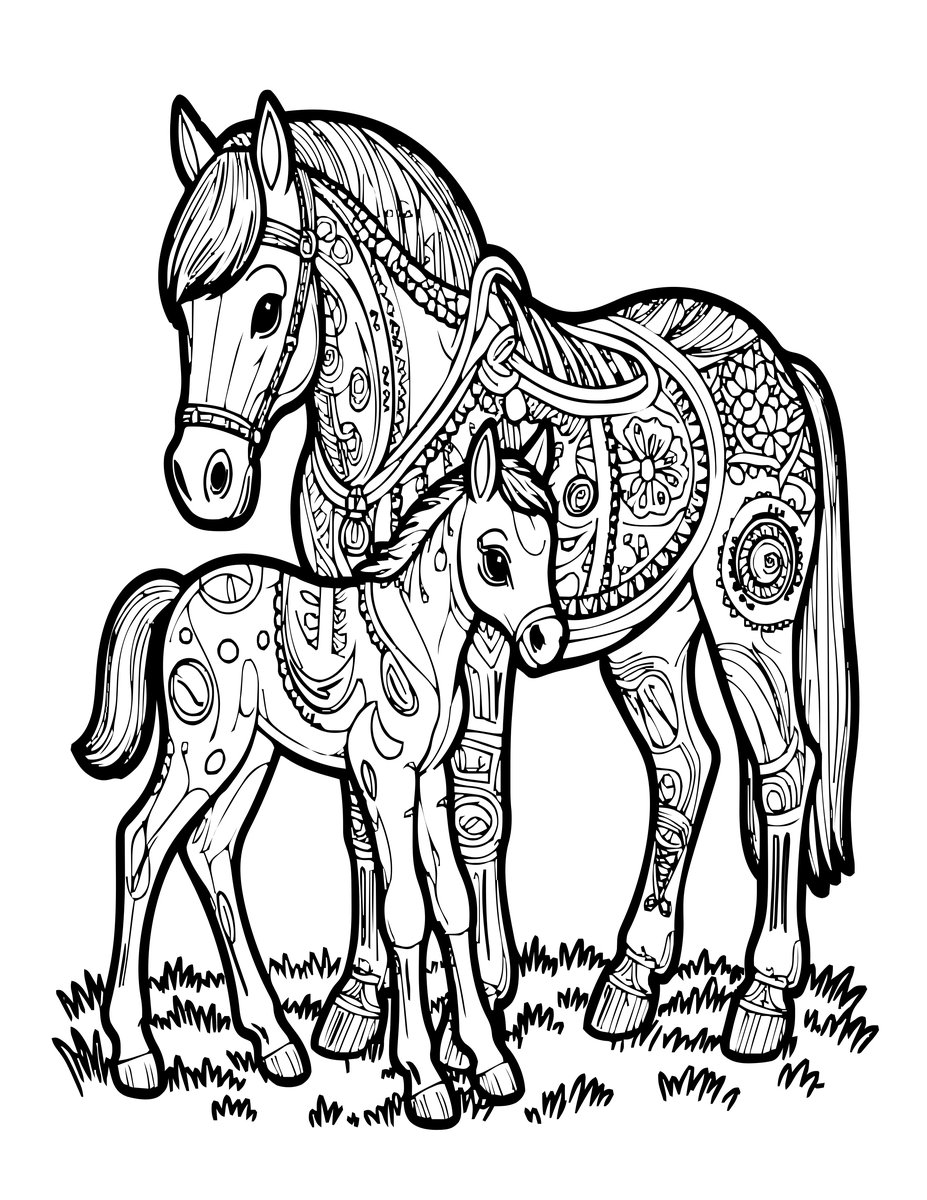 Mare and Foal - free printable coloring page