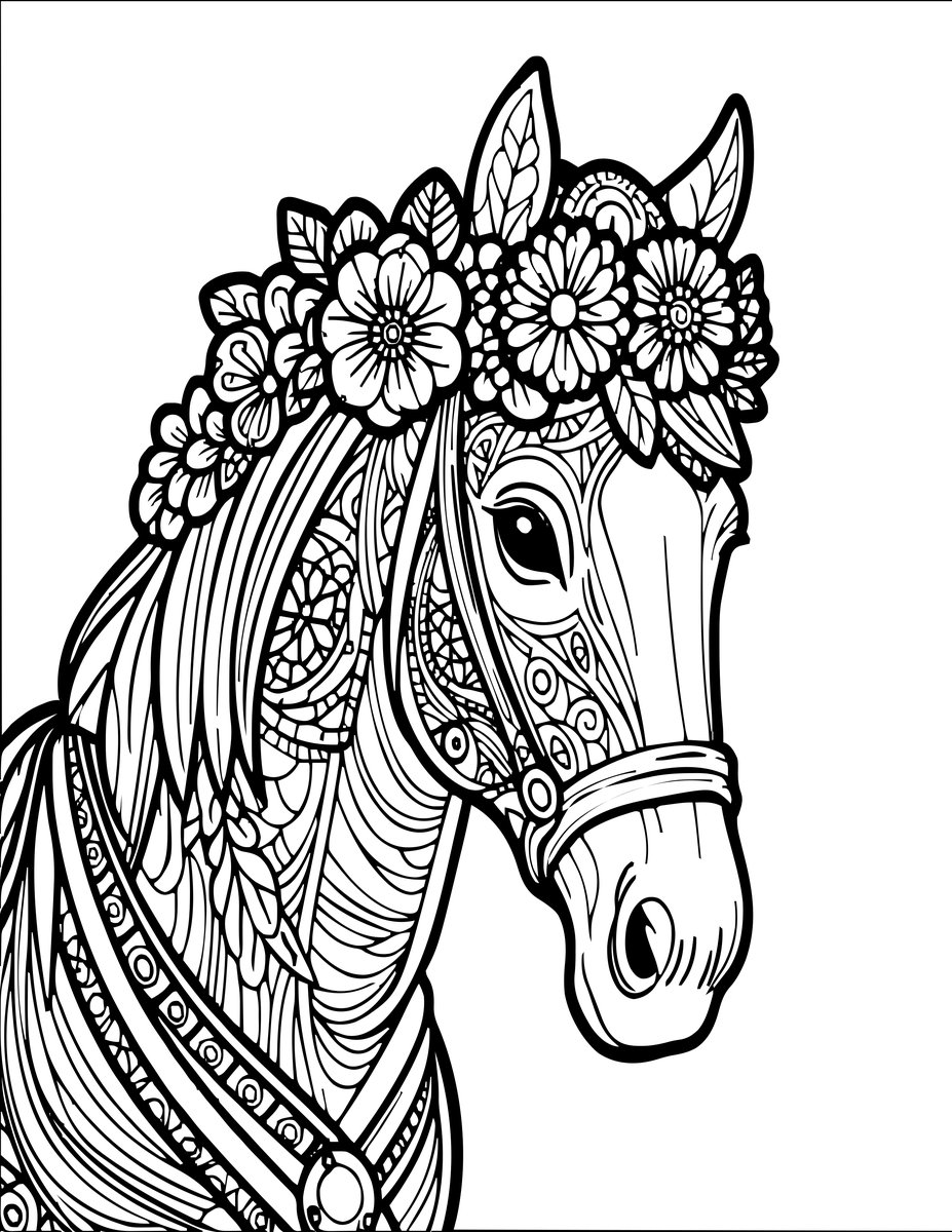 Horse with Flower Crown - free printable coloring page