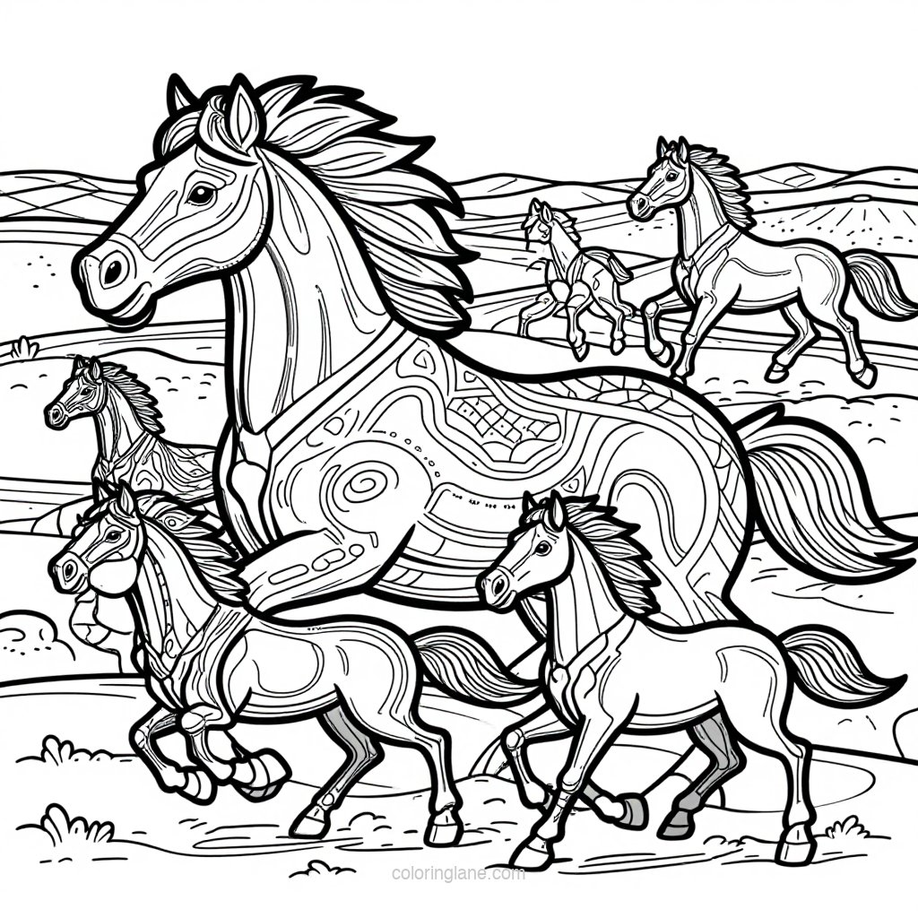 Wild Mustang Herd - free printable coloring page