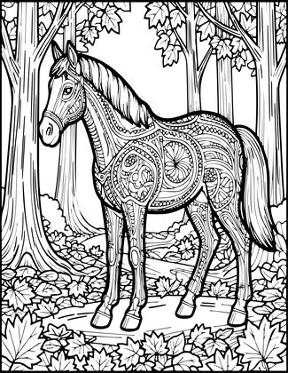 Horse and Autumn Leaves - Free printable coloring page