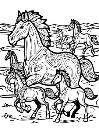Wild Mustang Herd - Free printable coloring page