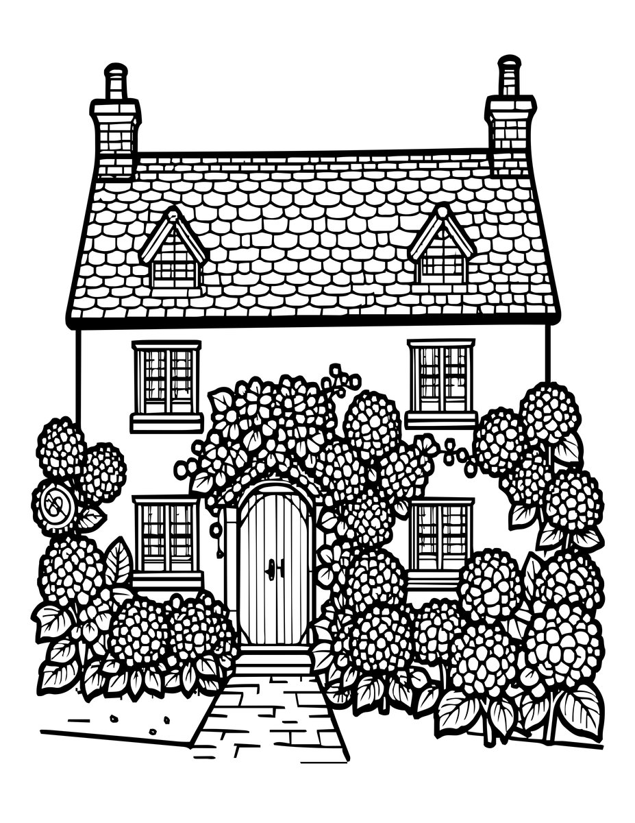 Hydrangea and Cottage - free printable coloring page