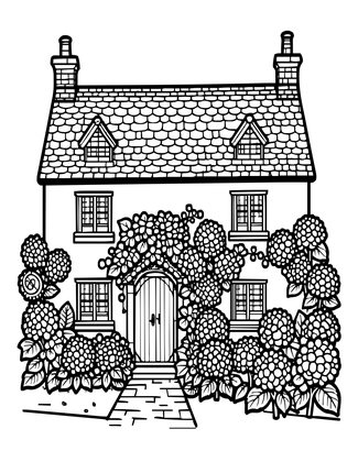 Hydrangea and Cottage - Free printable coloring page
