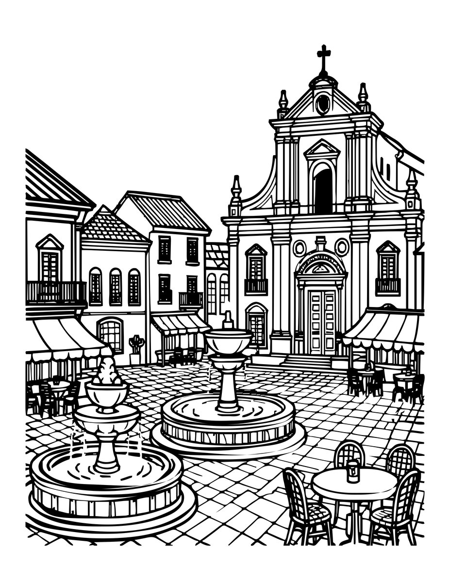 Italian Piazza - free printable coloring page