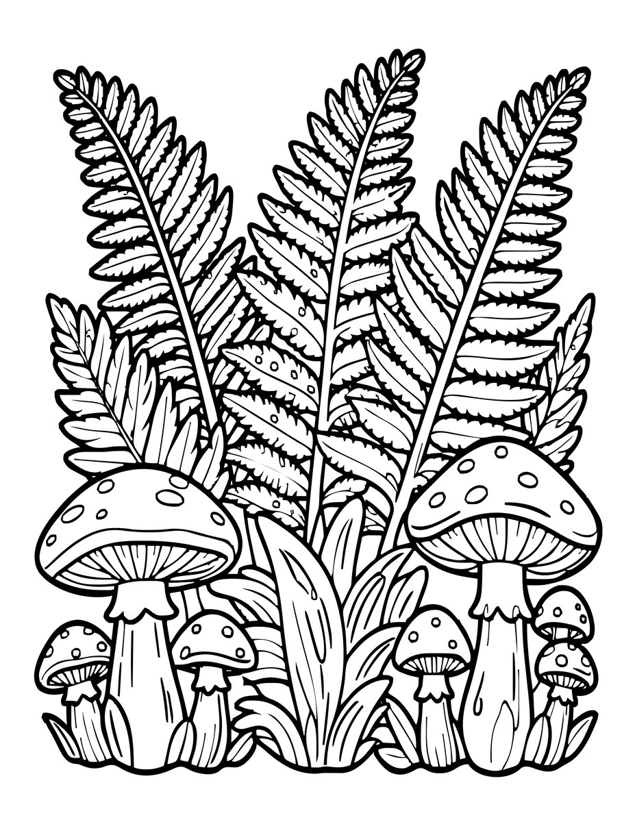 Fern and Mushrooms - free printable coloring page