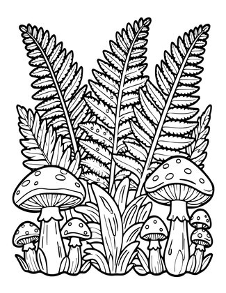 Fern and Mushrooms - Free printable coloring page