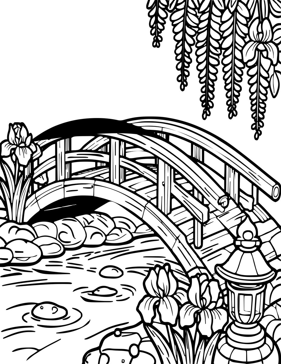 Japanese Garden Bridge - free printable coloring page