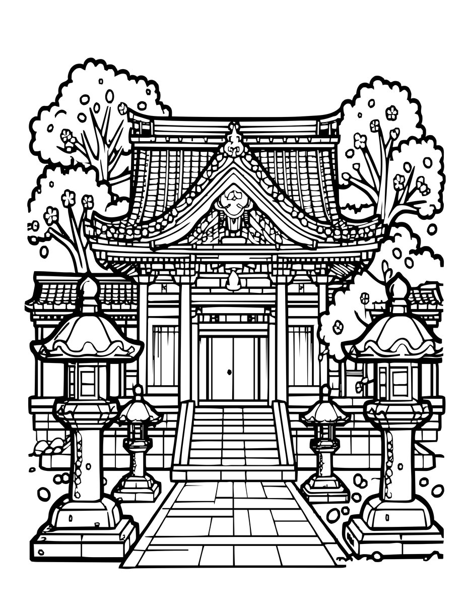 Cherry Blossom Temple - free printable coloring page