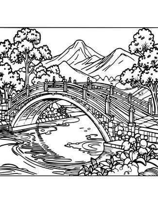 Ukiyo-e Bridge - Free printable coloring page