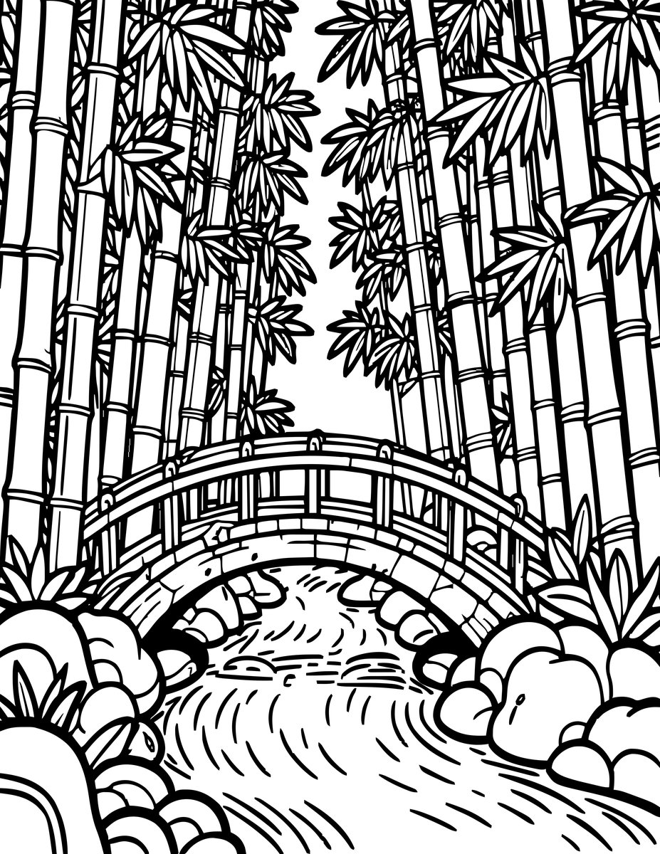 Bridge and Bamboo - free printable coloring page