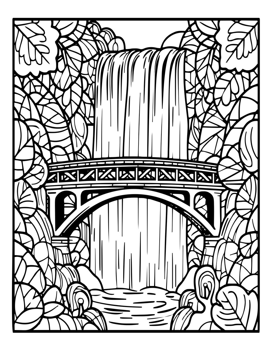 Bridge and Waterfall - free printable coloring page
