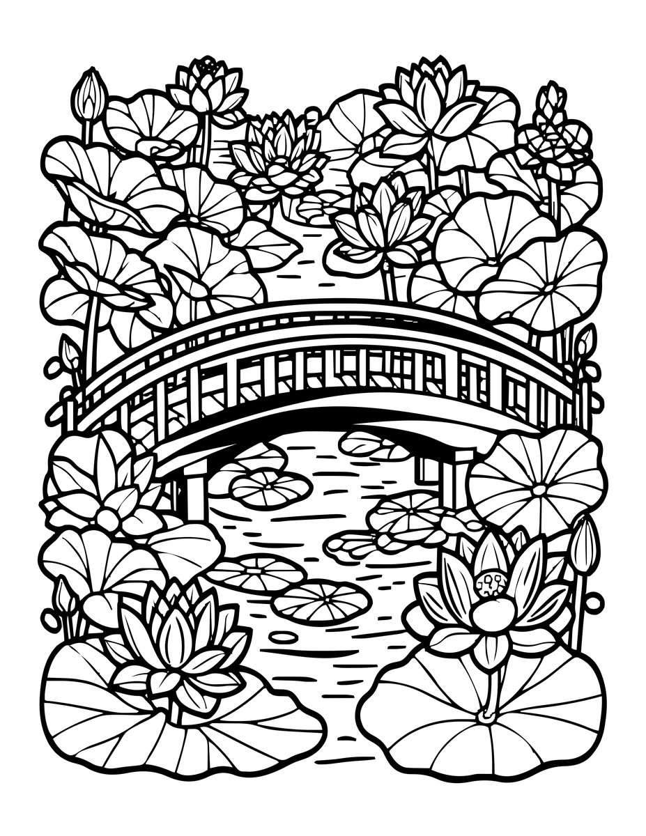 Bridge and Lotus - free printable coloring page