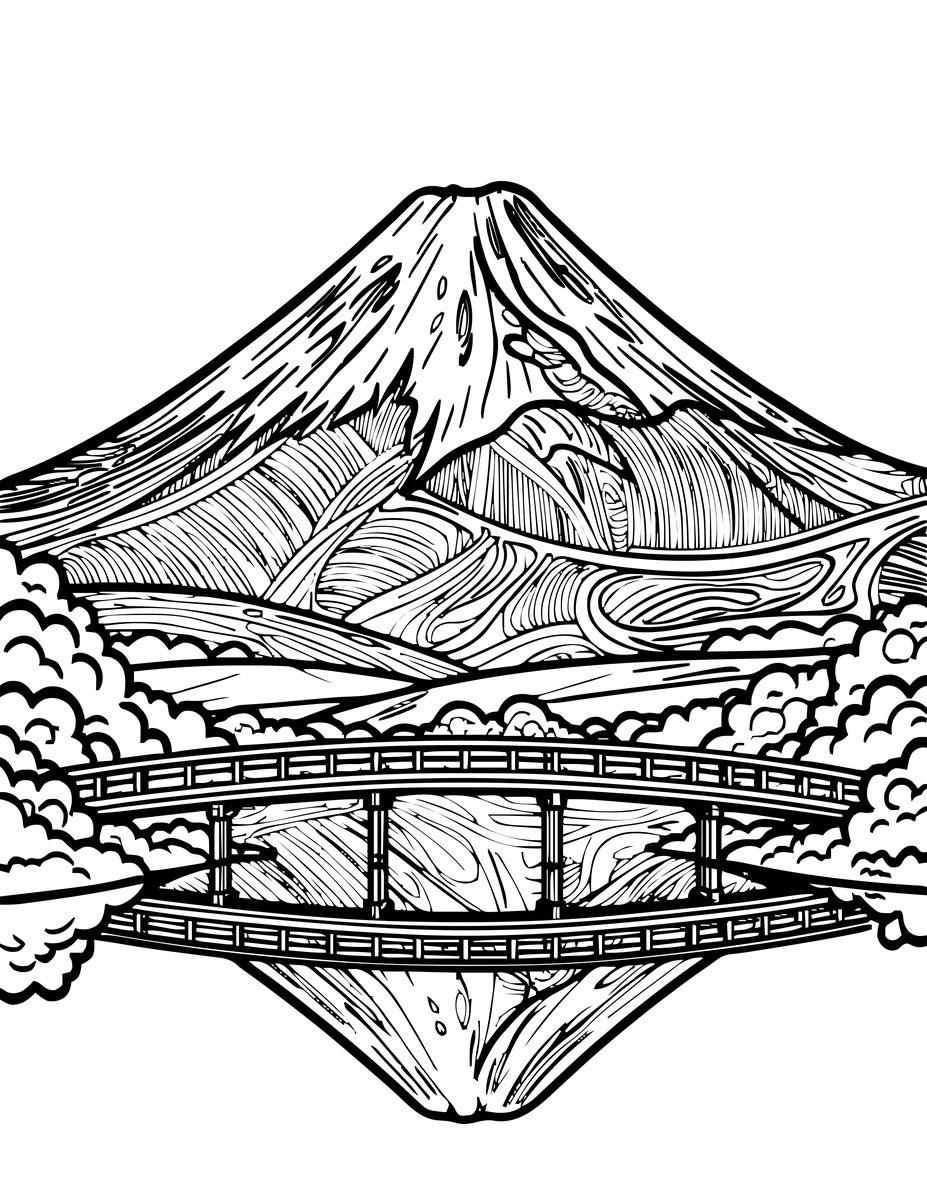 Bridge and Fuji - free printable coloring page