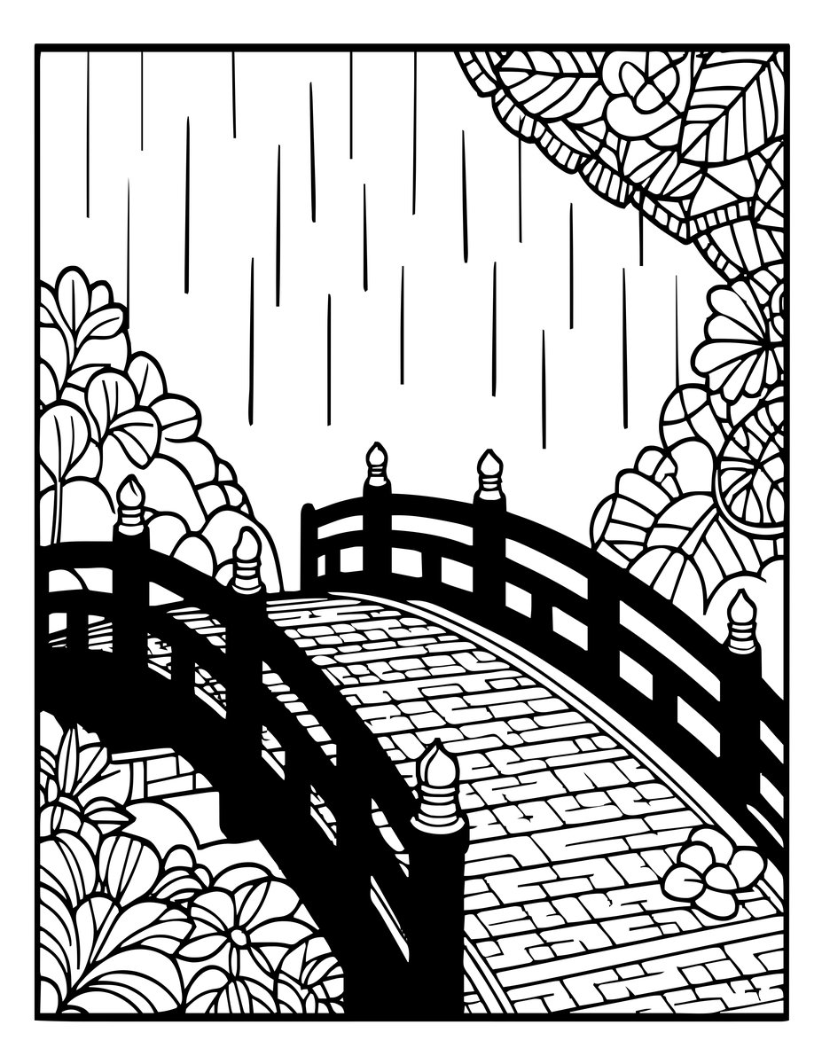 Bridge and Rain - free printable coloring page