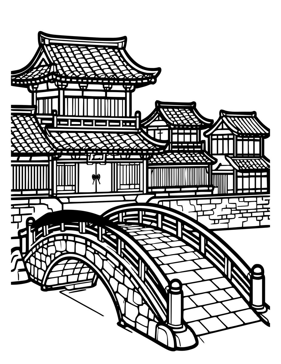 Bridge and Samurai - free printable coloring page