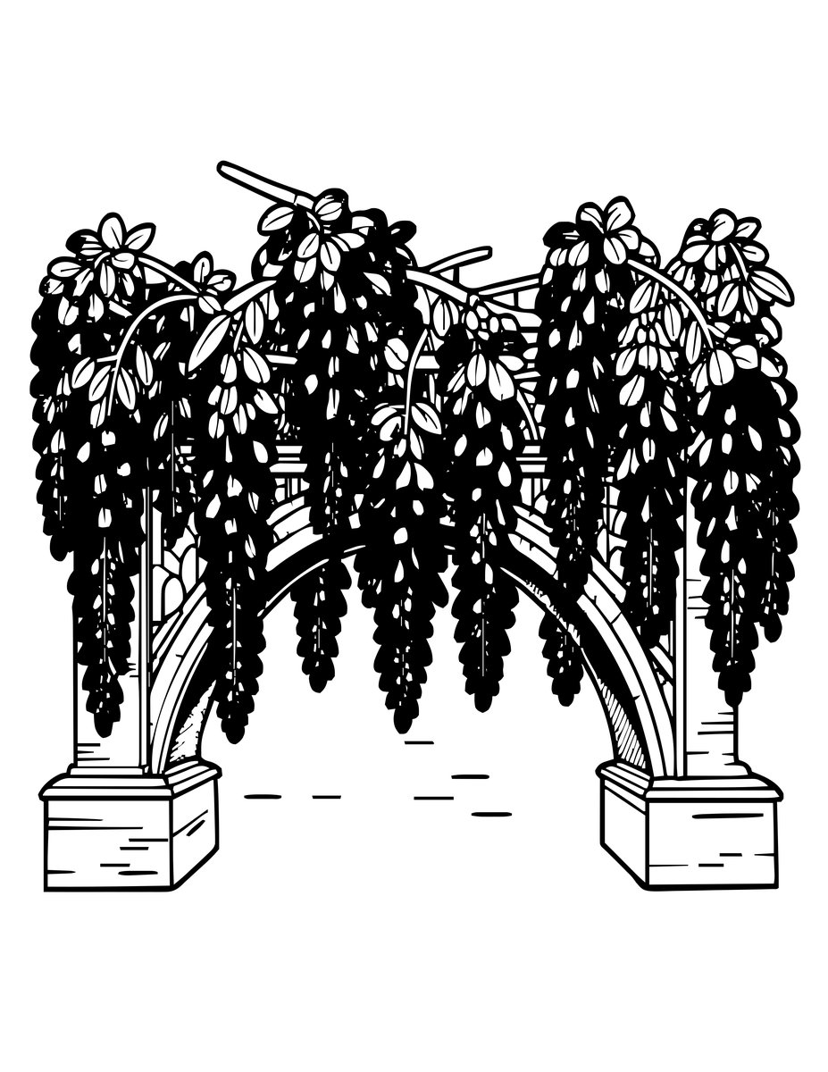 Bridge and Wisteria - free printable coloring page
