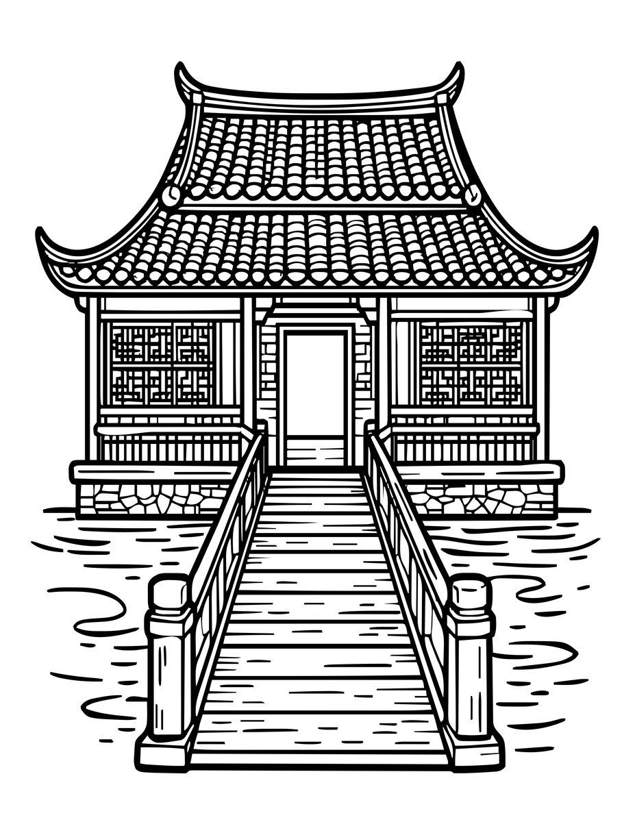 Bridge and Tea House - free printable coloring page