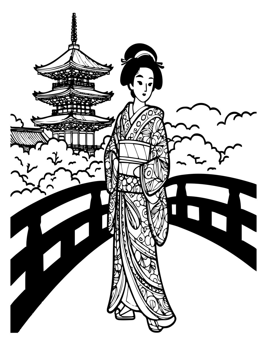Bridge and Geisha - free printable coloring page