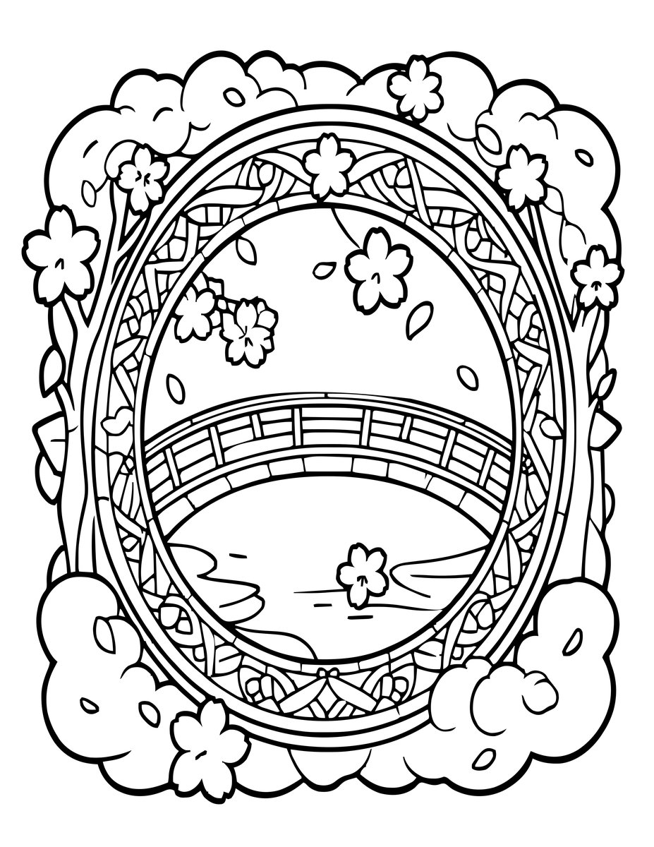Bridge and Cherry Blossoms - free printable coloring page