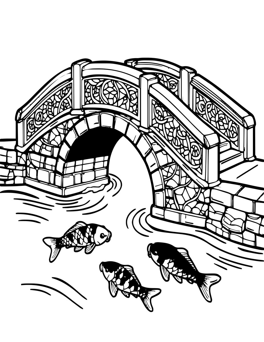 Bridge and Koi - free printable coloring page
