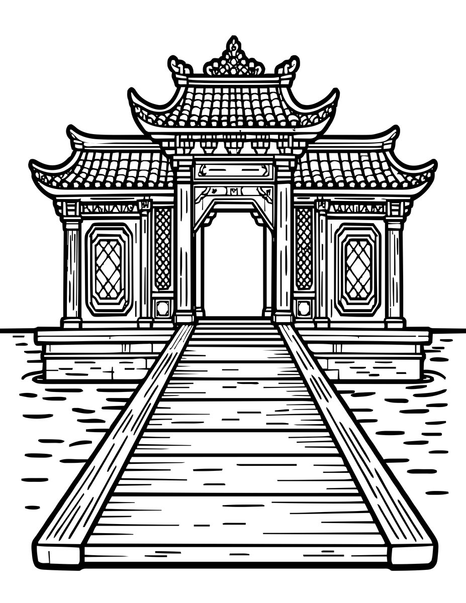 Bridge and Temple - free printable coloring page