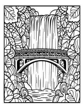 Bridge and Waterfall - Free printable coloring page