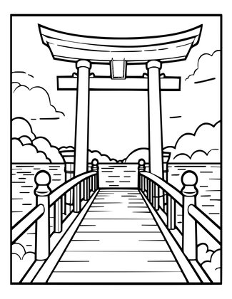 Bridge and Torii - Free printable coloring page