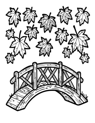 Bridge and Autumn Leaves - Free printable coloring page