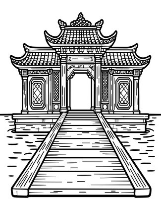 Bridge and Temple - Free printable coloring page