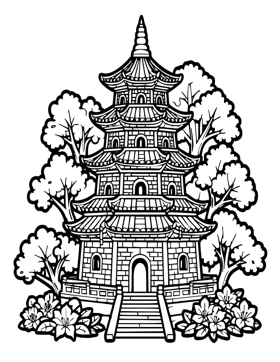 Pagoda in Garden - free printable coloring page