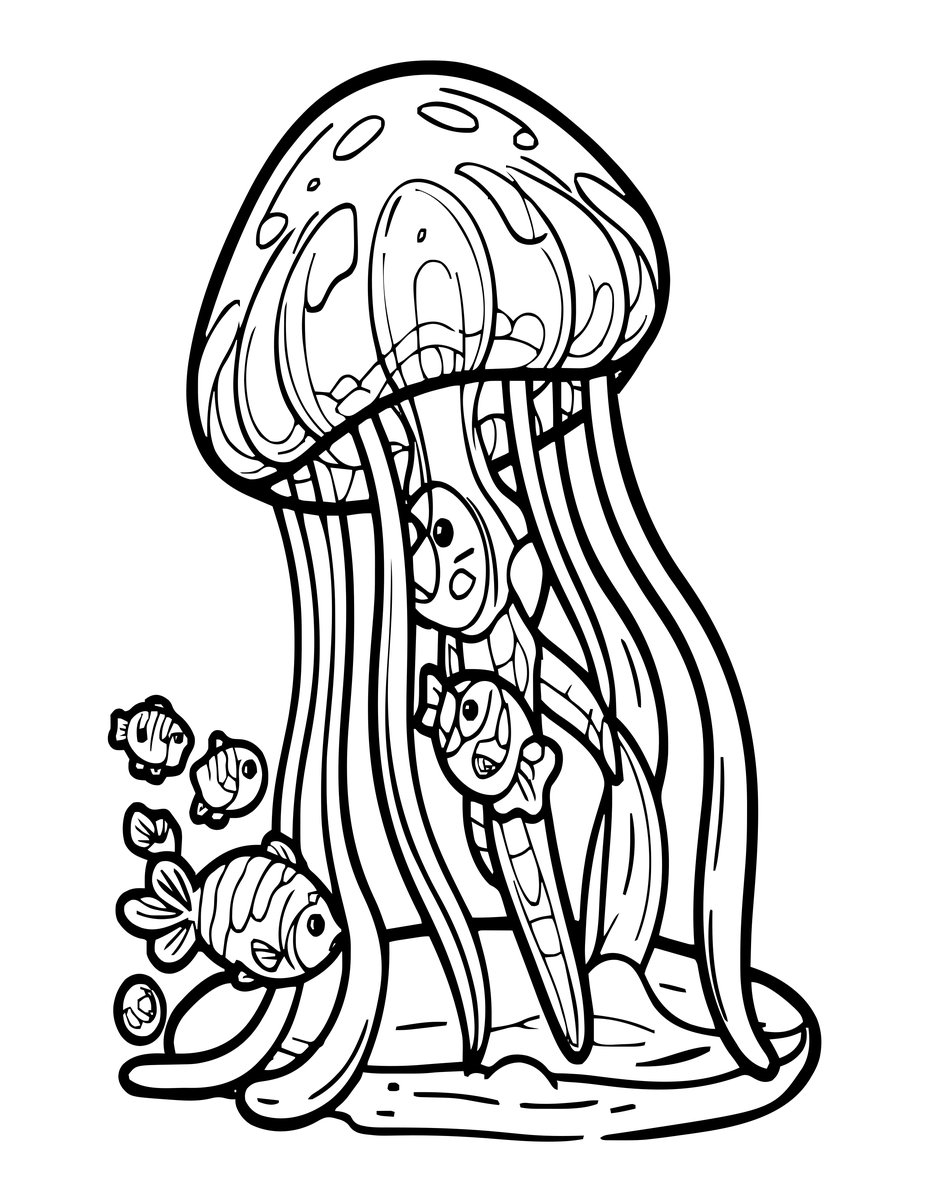 Jellyfish and Fish - free printable coloring page