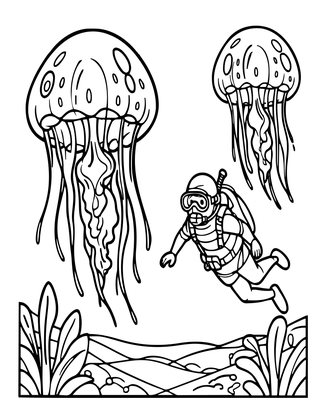 Jellyfish and Diver - Free printable coloring page