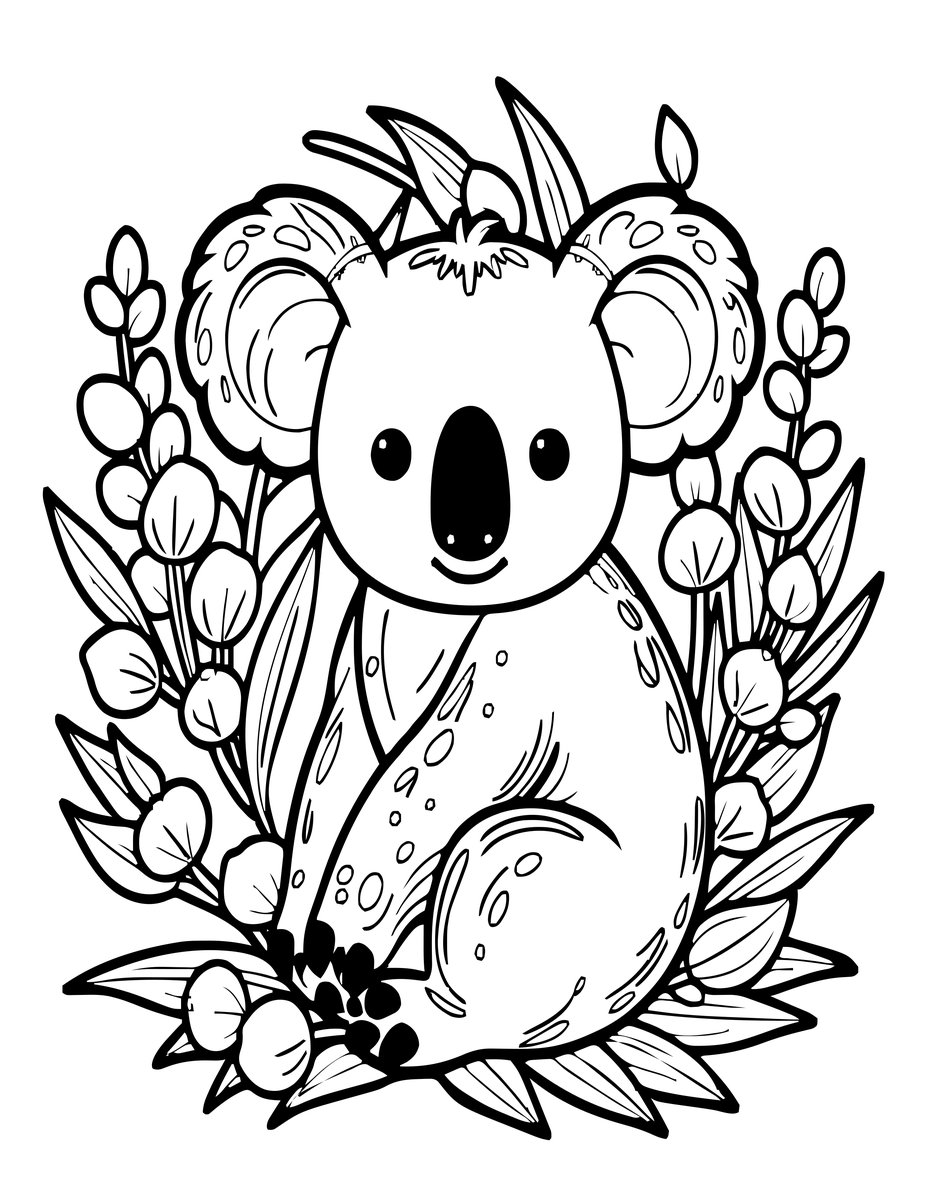 Koala and Flowers - free printable coloring page