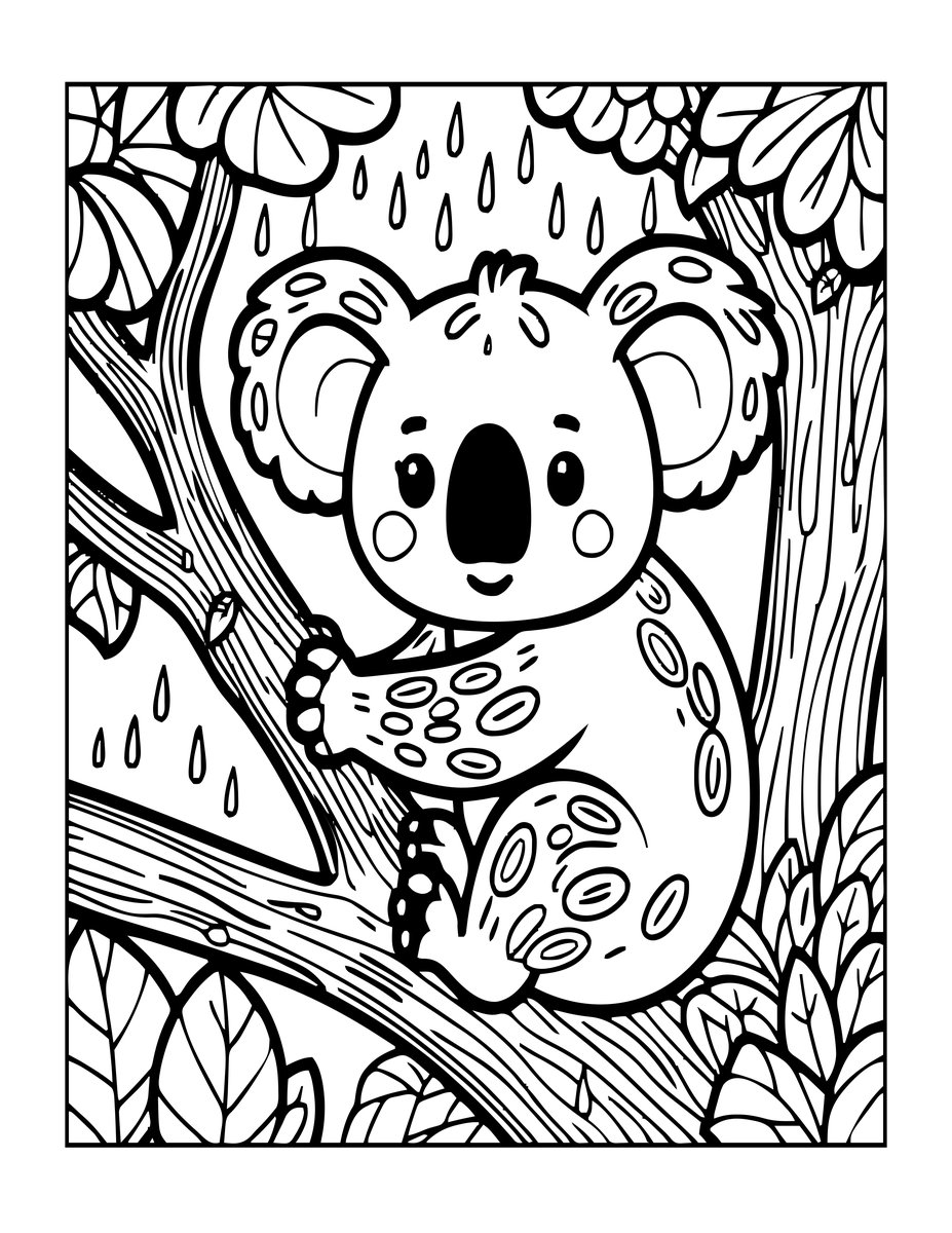 Koala and Rain - free printable coloring page