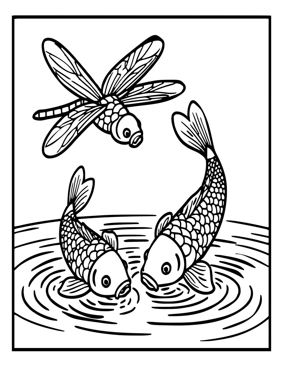 Koi and Dragonfly - free printable coloring page