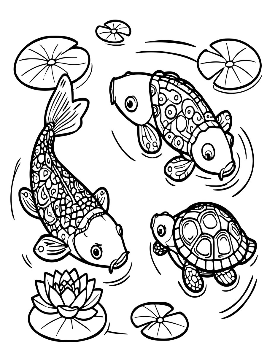 Koi and Turtle - free printable coloring page