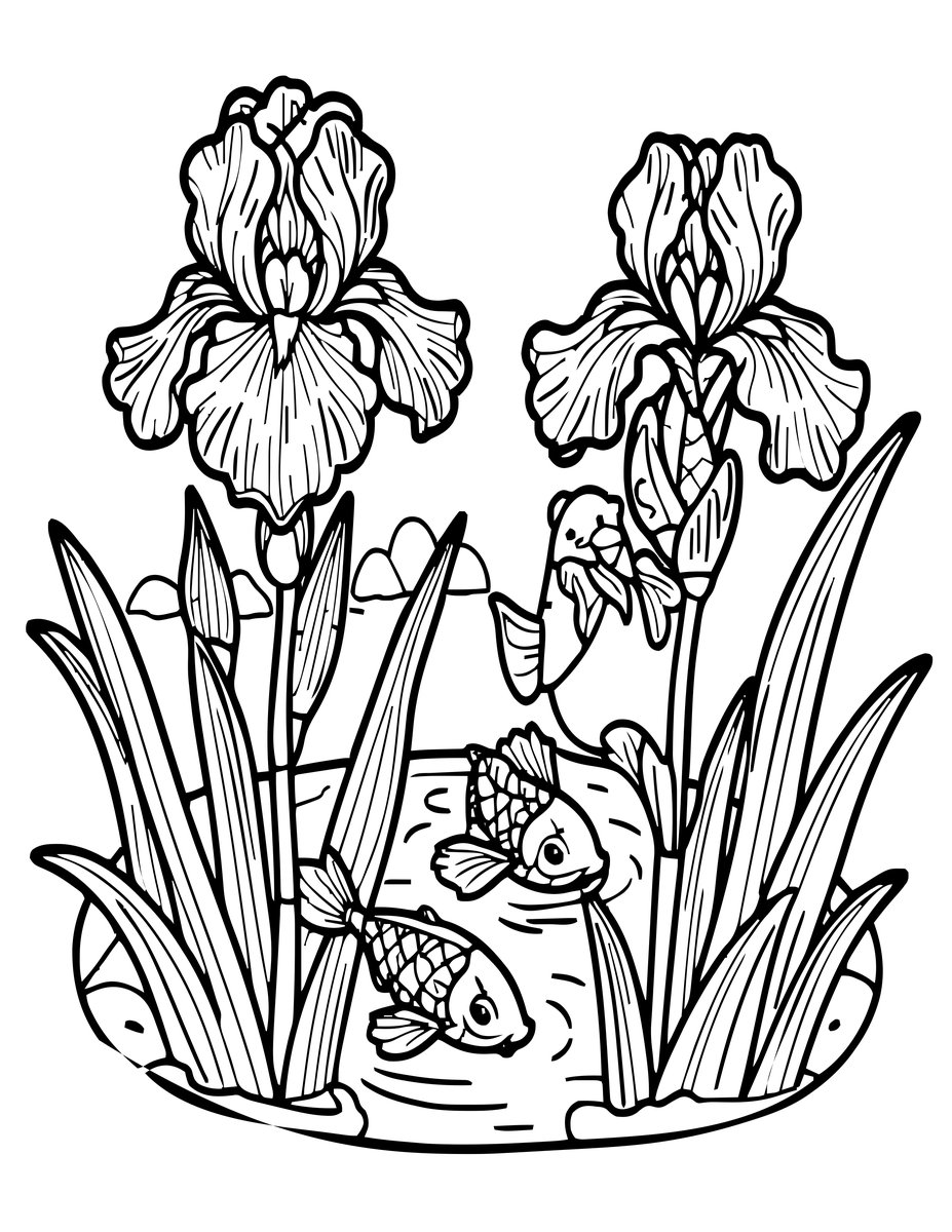 Koi and Iris - free printable coloring page