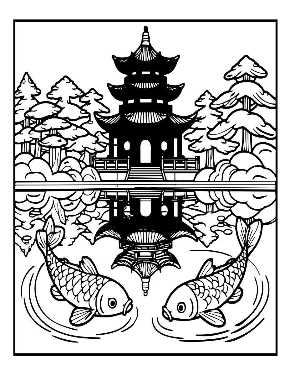 Pagoda Reflection - free printable coloring page