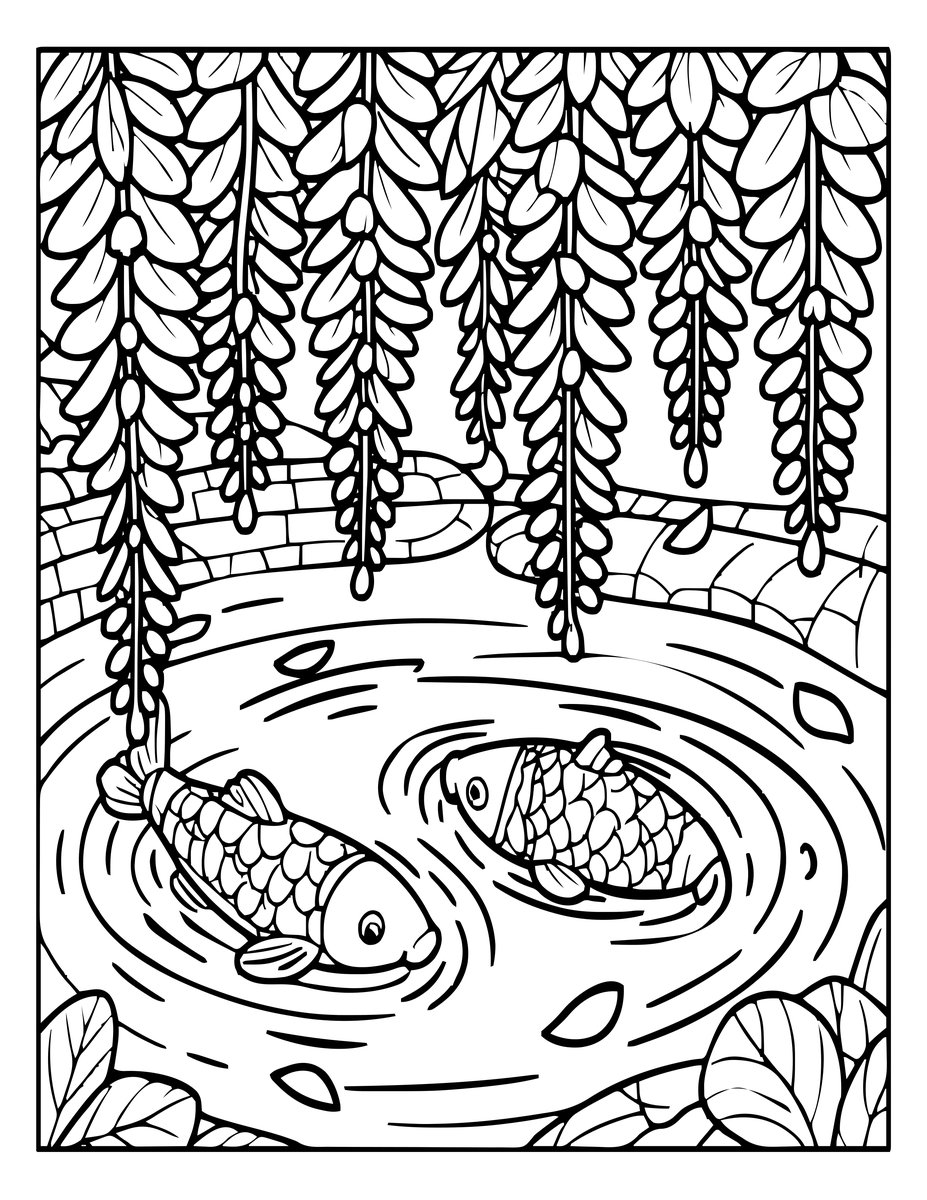 Koi and Wisteria - free printable coloring page