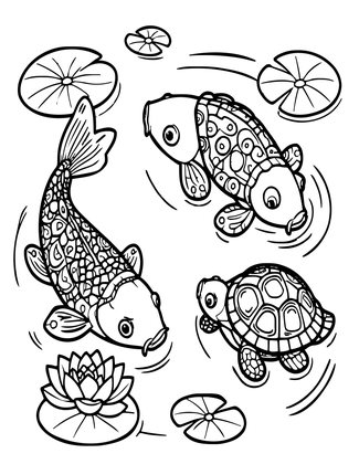 Koi and Turtle - Free printable coloring page
