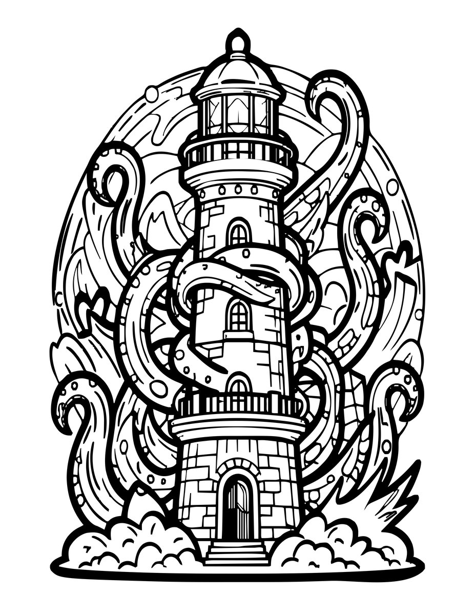 Kraken and Lighthouse - free printable coloring page