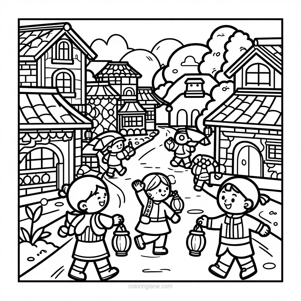 Paper Lantern Row - free printable coloring page