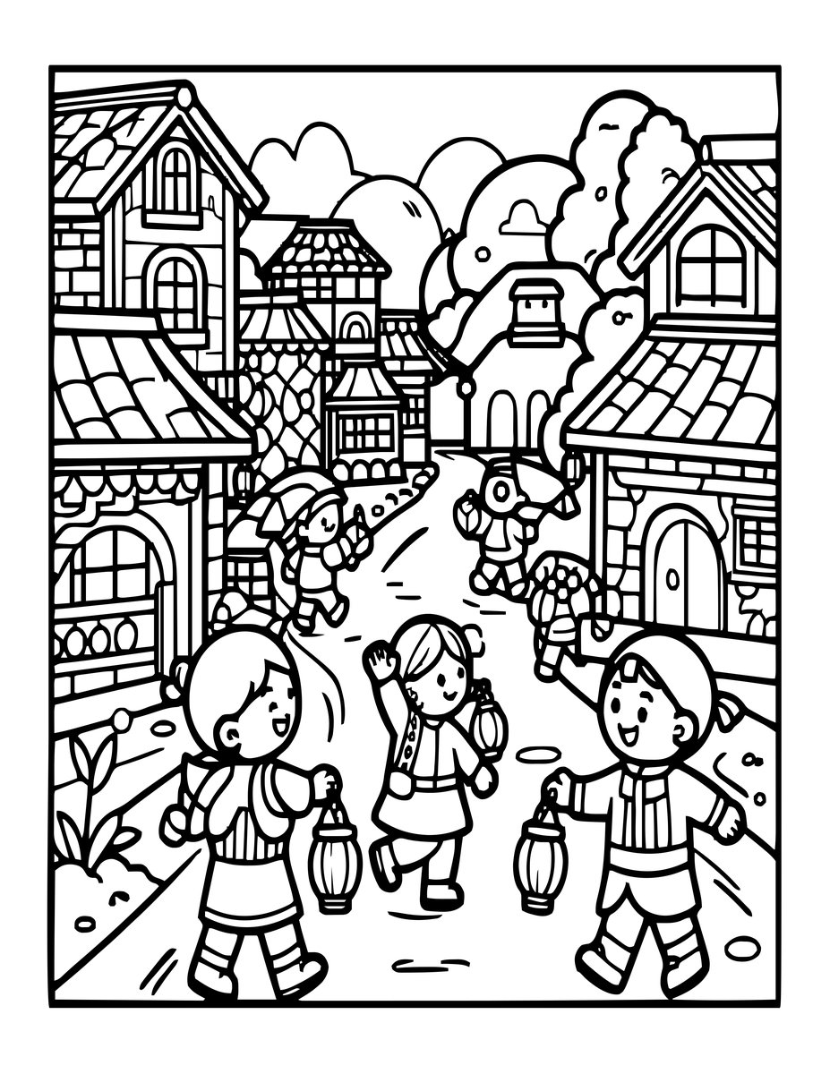 Children with Lanterns - free printable coloring page